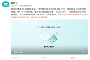 用戶累計換電超過6000萬次 蔚來第2900座換電站正式達成